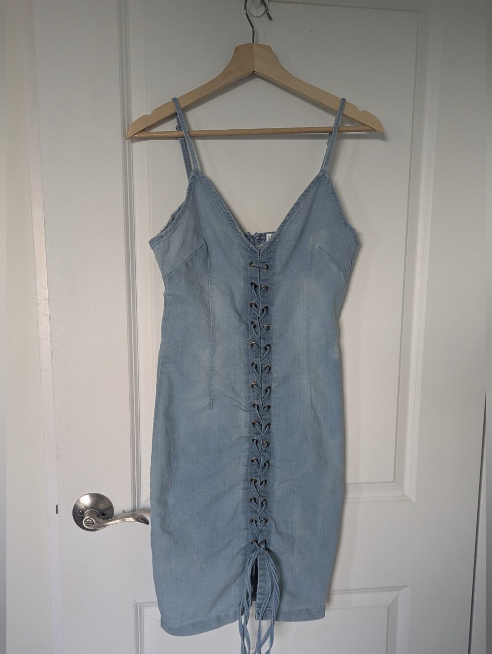 Revamped Light Blue Lace-Up Denim Midi Dress Size S